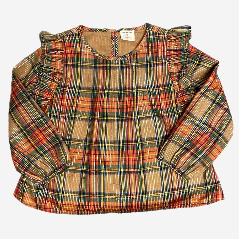 Crewcuts Girls NWT Tan red tartan ruffle-shoulder blouse preppy fall festive S